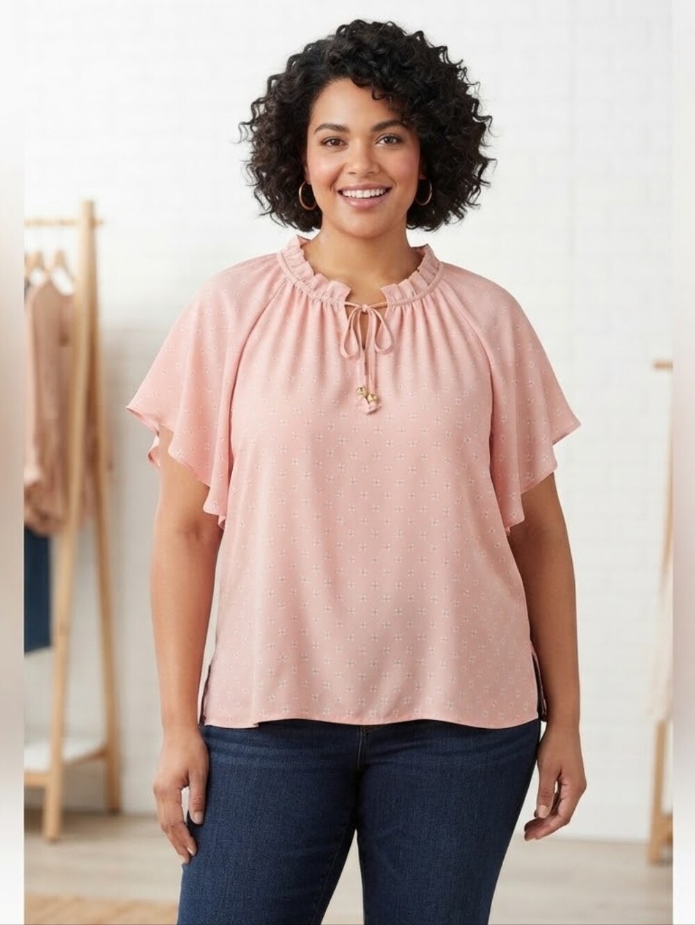 Liz Claiborne Peach Ditsy Floral Ruffle Neck Blouse Plus Size 3X